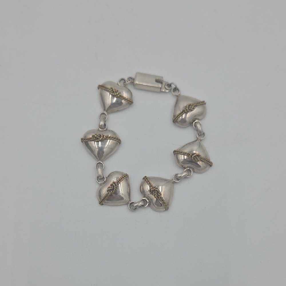 Vintage Taxco Mexico Sterling Silver Rope Tied Puffy Heart Link Bracelet